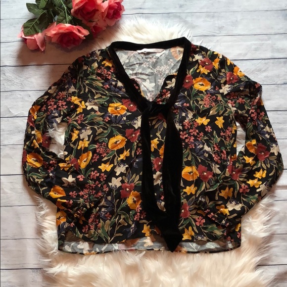 Zara Tops - Zara Trafaluc Floral Velvet Tie Front Blouse